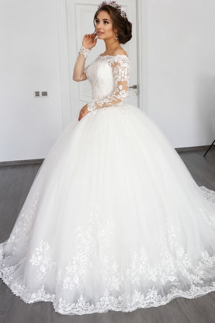 Elegante Weiße Brautkleider mit Ärmel Prinzessin Hochzeitskleider Spitze Günstig