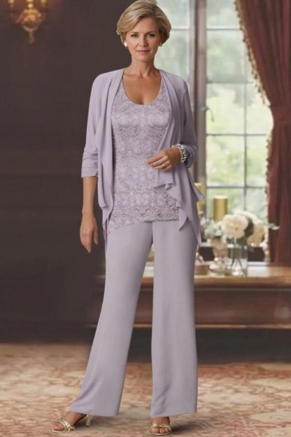 Silber Brautmutter Hosenanzug Chiffon Brautmutterkleider mit Spitze