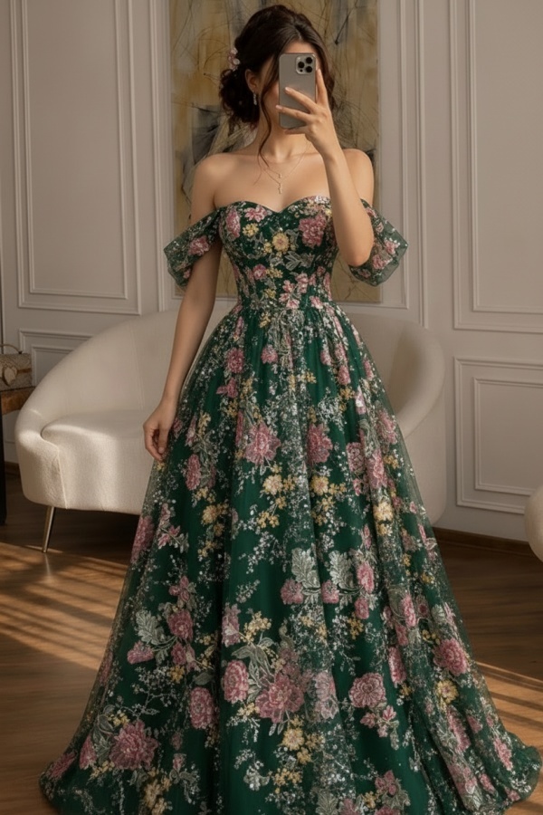 Schöne Abendkleider Lang Glitzer Ballkleider mit Blumen