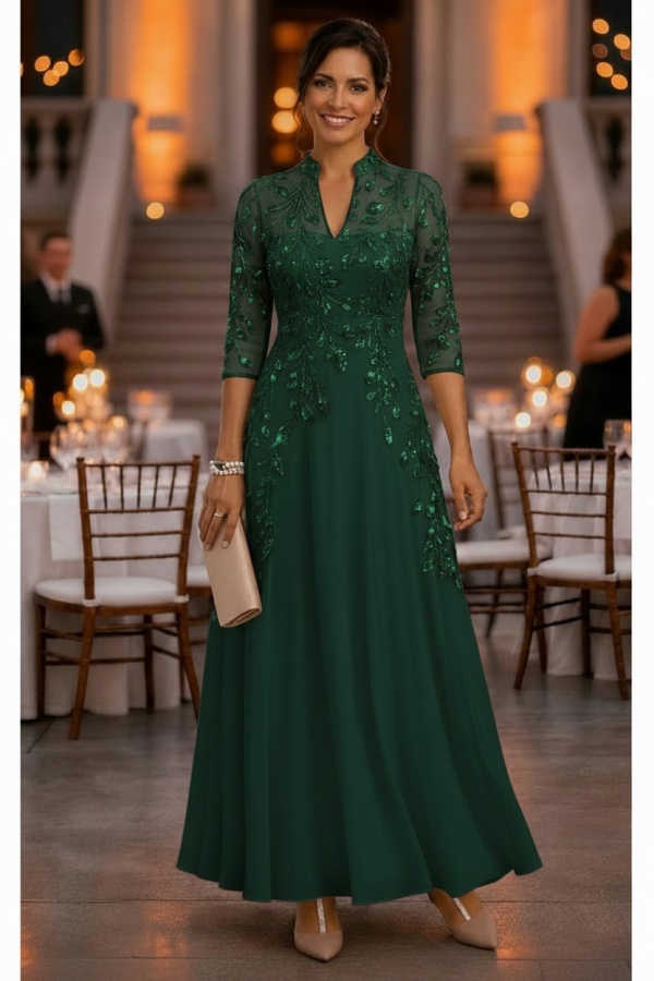 Festliche Kleider Hochzeitsparty Lang Brautmutterkleider Glitzer mit Ärmel