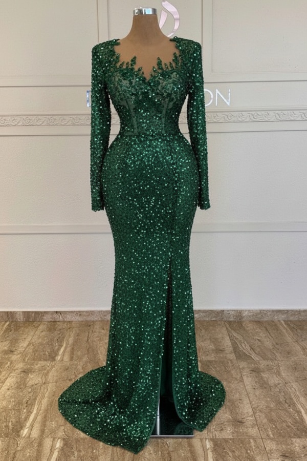 Grünes Ballkleid Lang Glitzer Abendkleid Mit Ärmel