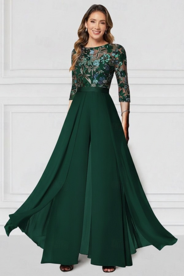 Festliche Hosenanzüge Lang Glitzer | Chiffon Schwarz Brautmutterkleider mit Ärmel