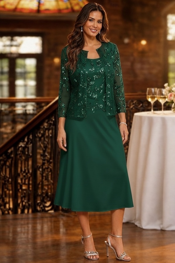 Salbeigrün Brautmutterkleider Kurz Glitzer Hochzeitspartykleider mit Spitze Jacke