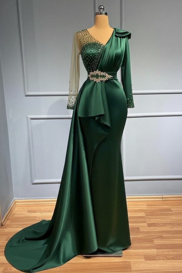 Olive Grün Abendkleider Lang Glitzer | Abiballkleider mit Ärmel