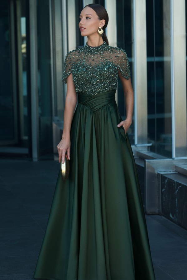 Dunkel Grüne Abendkleider Lang Glitzer Ballkleider mit Ärmel