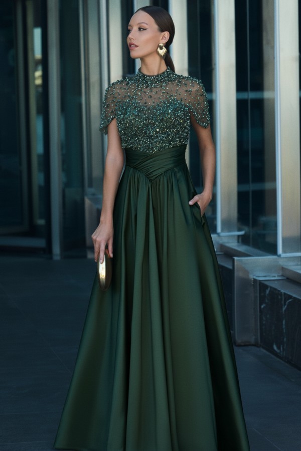 Dunkel Grüne Abendkleider Lang Glitzer Ballkleider mit Ärmel