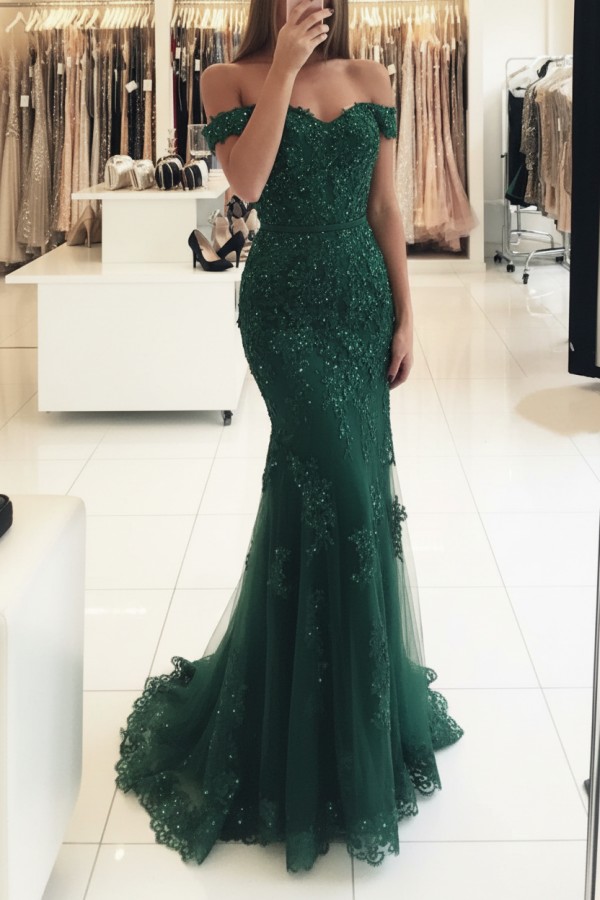 Rot Lange Abendkleider Spitze Perlen Schulterfrei Meerjungfrau Abibllkleider Partykleider BA3809