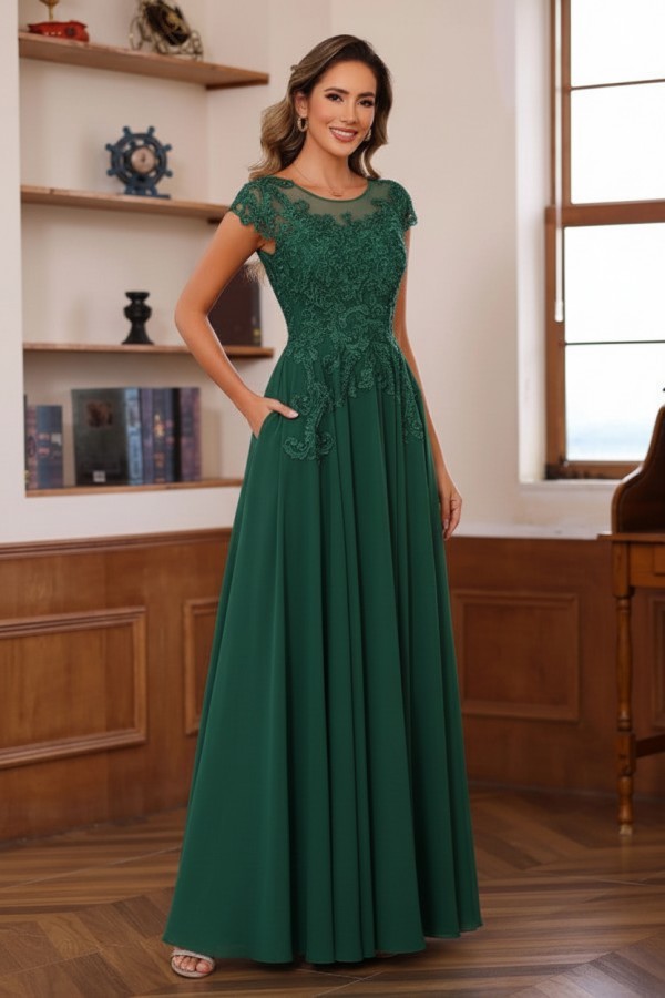 Dusty Blaue Brautmutterkleider Lang Chiffon Partykleid mit Spitze