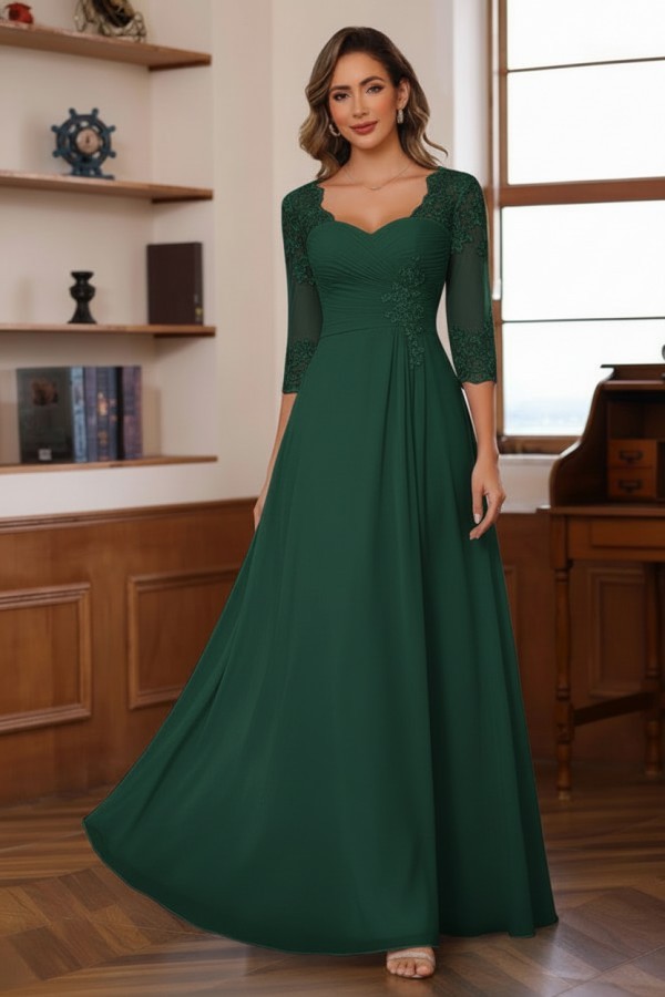 Dusty Blaue Brautmutterkleider Lang Chiffon Hoochzeitspartykleid Spitzenärmel