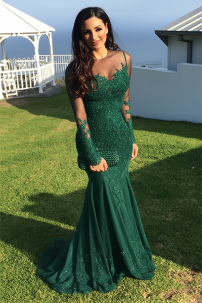 Schwarz Abendkleider Lang Ärmel Spitze Meerjungfrau Abendmoden Partykleider