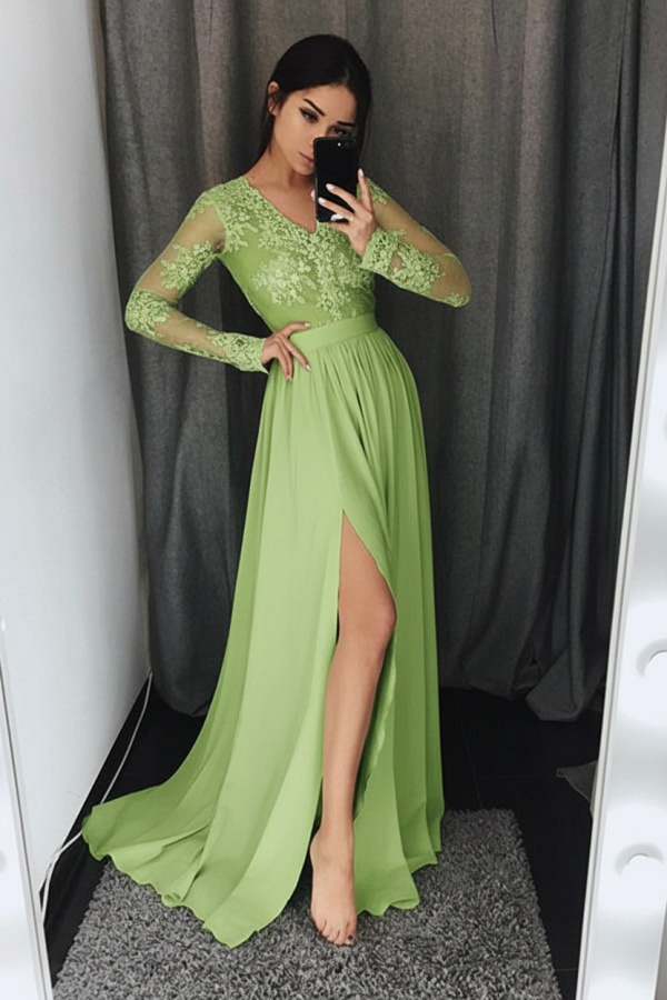 Silber Abendkleider Lang Mit Ärmel Chiffon Abendkleider Spitze Online