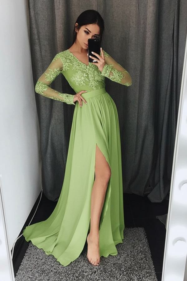 Silber Abendkleider Lang Mit Ärmel Chiffon Abendkleider Spitze Online