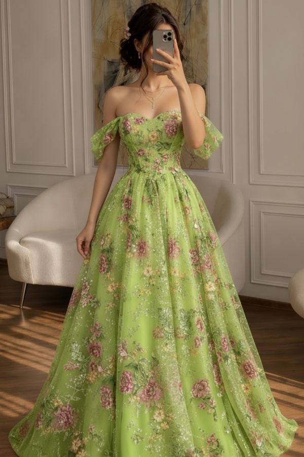 Schöne Abendkleider Lang Glitzer Ballkleider mit Blumen