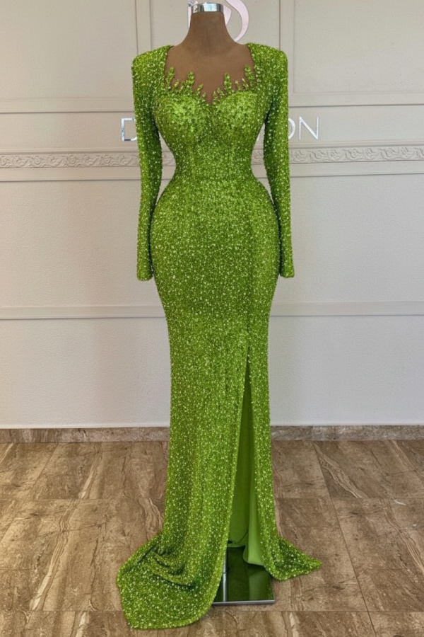 Grünes Ballkleid Lang Glitzer Abendkleid Mit Ärmel