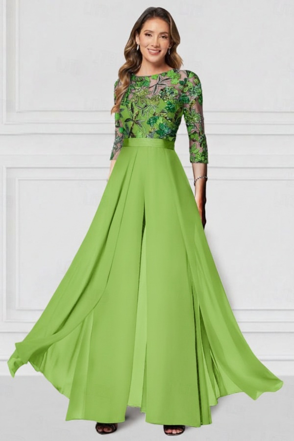 Festliche Hosenanzüge Lang Glitzer | Chiffon Schwarz Brautmutterkleider mit Ärmel