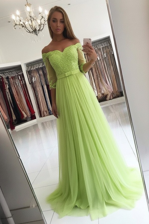 Elegante Abendkleider Lang Rosa Mit Ärmel Abendmoden Spitze Günstig