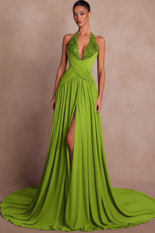 Schlichte Abendkleider Lang V Ausschnitt Chiffon Ballkleider mit Glitzer