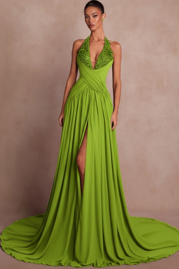 Schlichte Abendkleider Lang V Ausschnitt Chiffon Ballkleider mit Glitzer