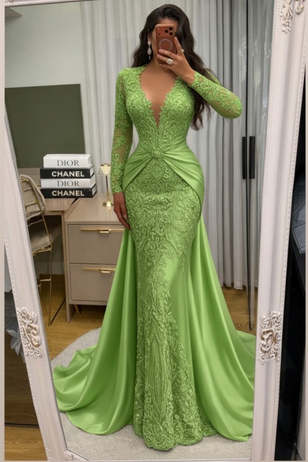 Wunderschöne Abendkleider Lang Spitze Abiballkleider mit Ärmel