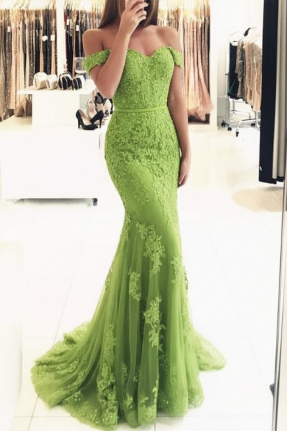 Rot Lange Abendkleider Spitze Perlen Schulterfrei Meerjungfrau Abibllkleider Partykleider BA3809