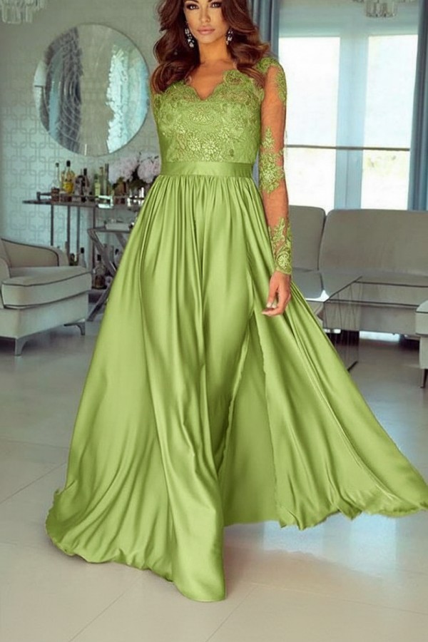 Champagne Abendkleider Lang Mit Ärmel Spitze Abendmoden Günstig