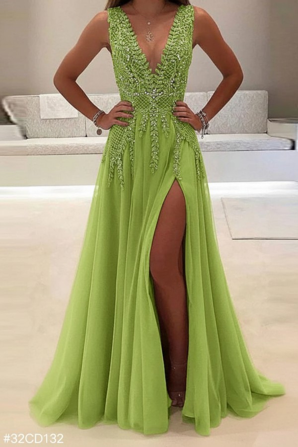 Champagne Abendkleider Lang Günstig V Ausschnitt Tüll Abendmoden Abiballkleider