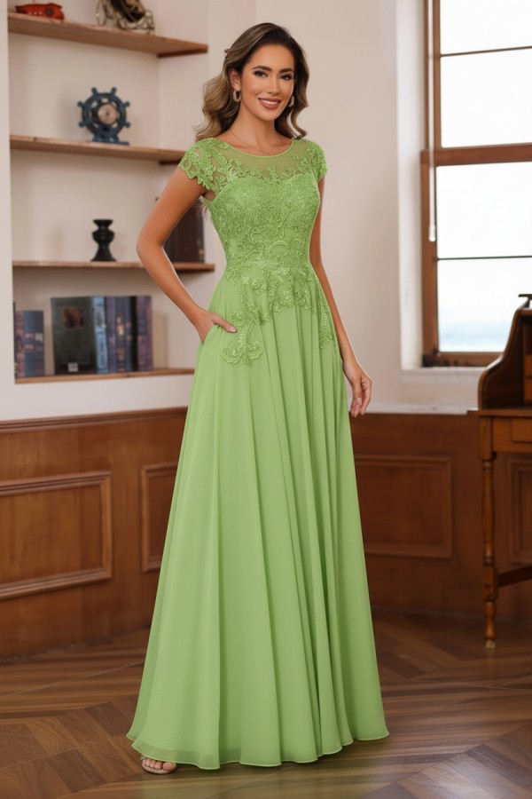 Dusty Blaue Brautmutterkleider Lang Chiffon Partykleid mit Spitze