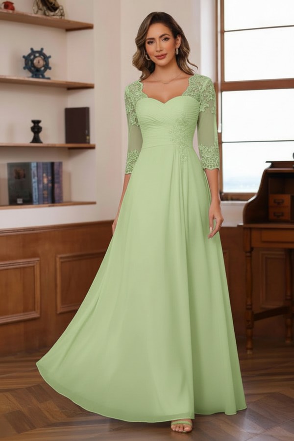 Dusty Blaue Brautmutterkleider Lang Chiffon Hoochzeitspartykleid Spitzenärmel