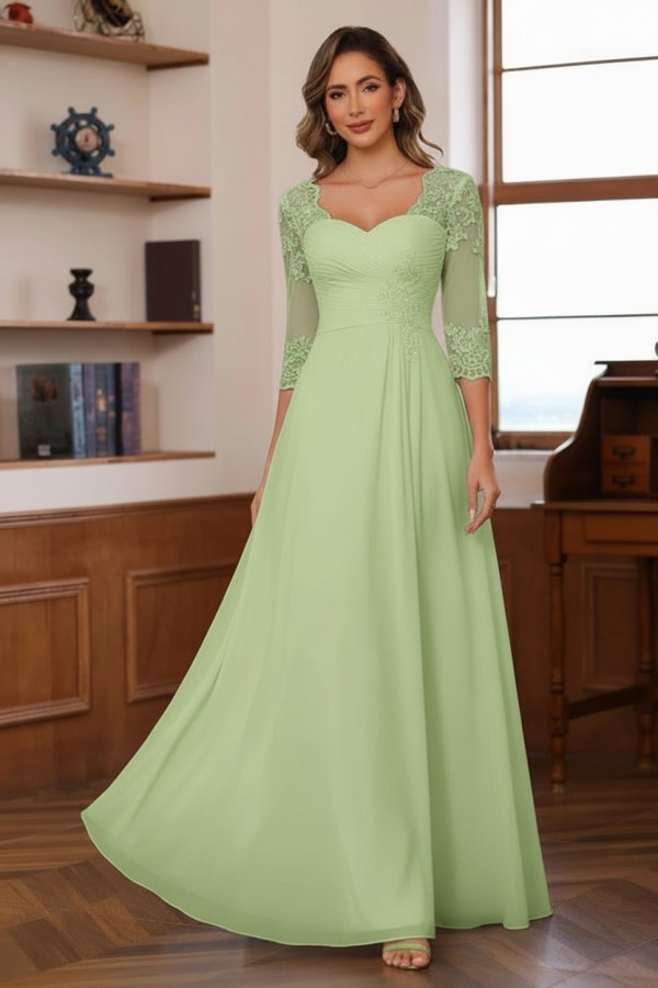 Dusty Blaue Brautmutterkleider Lang Chiffon Hoochzeitspartykleid Spitzenärmel