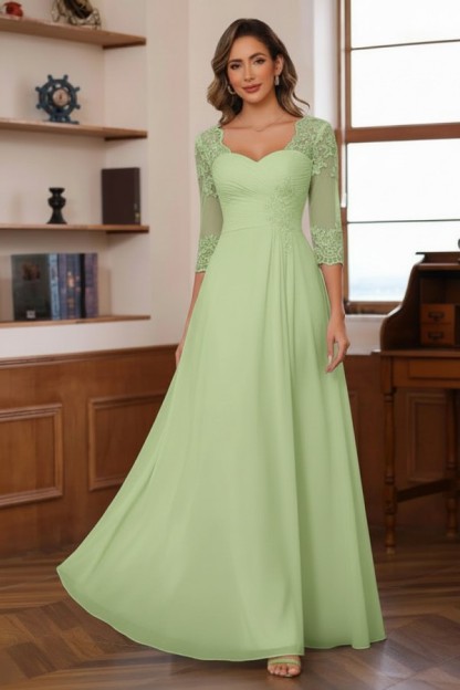 Dusty Blaue Brautmutterkleider Lang Chiffon Hoochzeitspartykleid Spitzenärmel