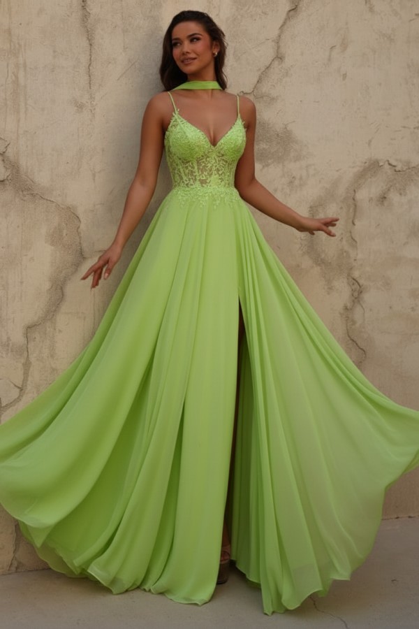 Neue Chiffon Ballkleid Lang Gelb Abendkleider mit Spitze