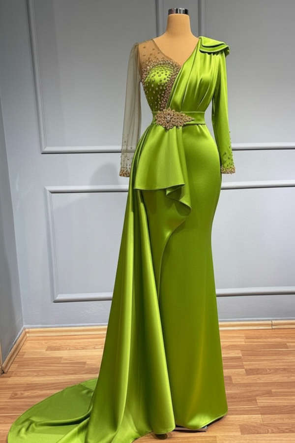 Olive Grün Abendkleider Lang Glitzer | Abiballkleider mit Ärmel