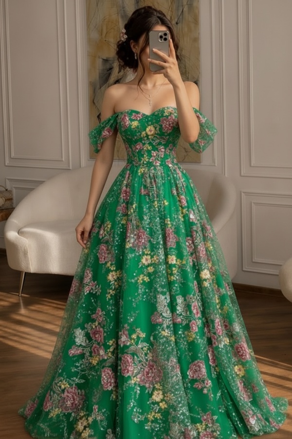 Schöne Abendkleider Lang Glitzer Ballkleider mit Blumen
