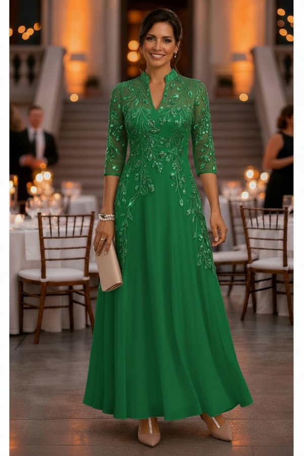 Festliche Kleider Hochzeitsparty Lang Brautmutterkleider Glitzer mit Ärmel