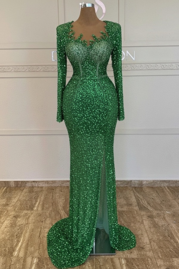 Grünes Ballkleid Lang Glitzer Abendkleid Mit Ärmel