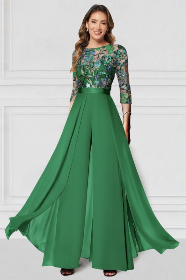 Festliche Hosenanzüge Lang Glitzer | Chiffon Schwarz Brautmutterkleider mit Ärmel