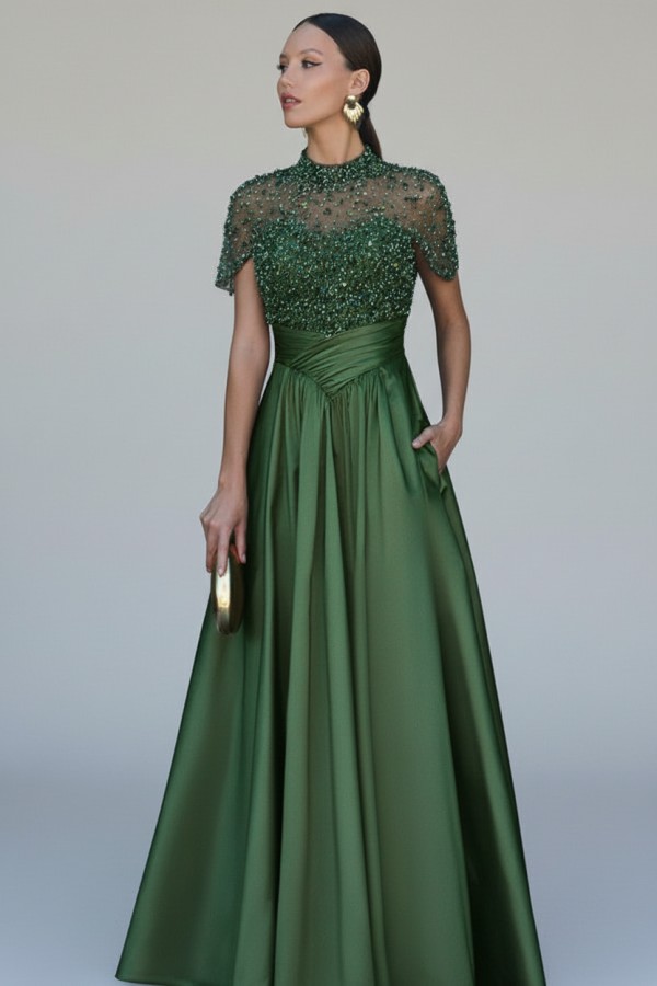 Dunkel Grüne Abendkleider Lang Glitzer Ballkleider mit Ärmel