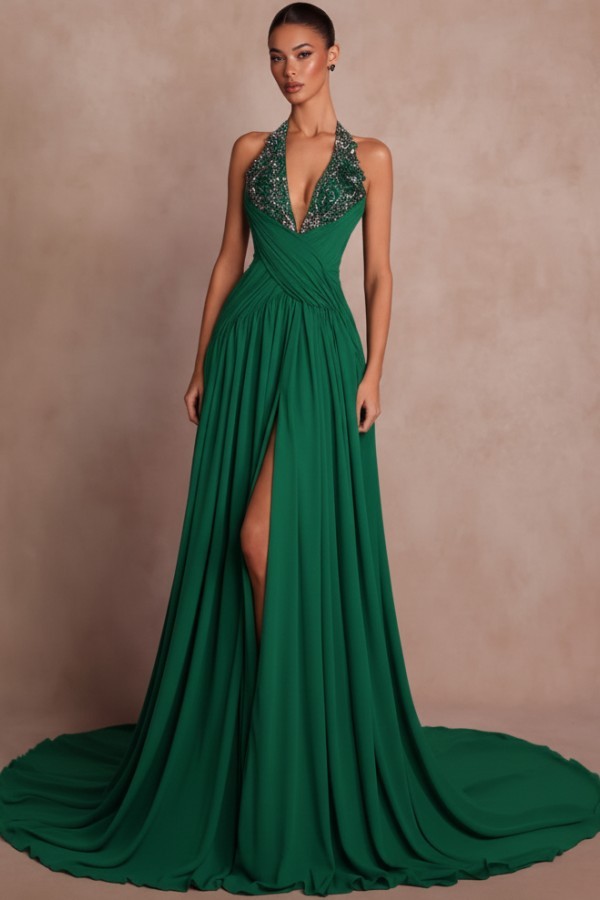 Schlichte Abendkleider Lang V Ausschnitt Chiffon Ballkleider mit Glitzer