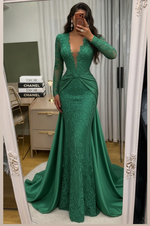 Wunderschöne Abendkleider Lang Spitze Abiballkleider mit Ärmel