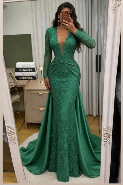 Wunderschöne Abendkleider Lang Spitze Abiballkleider mit Ärmel