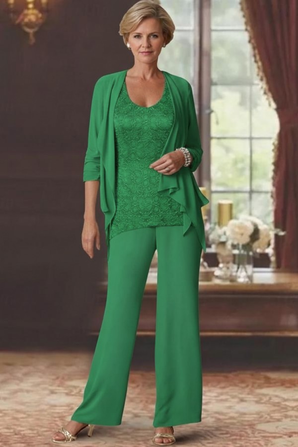 Silber Brautmutter Hosenanzug Chiffon Brautmutterkleider mit Spitze