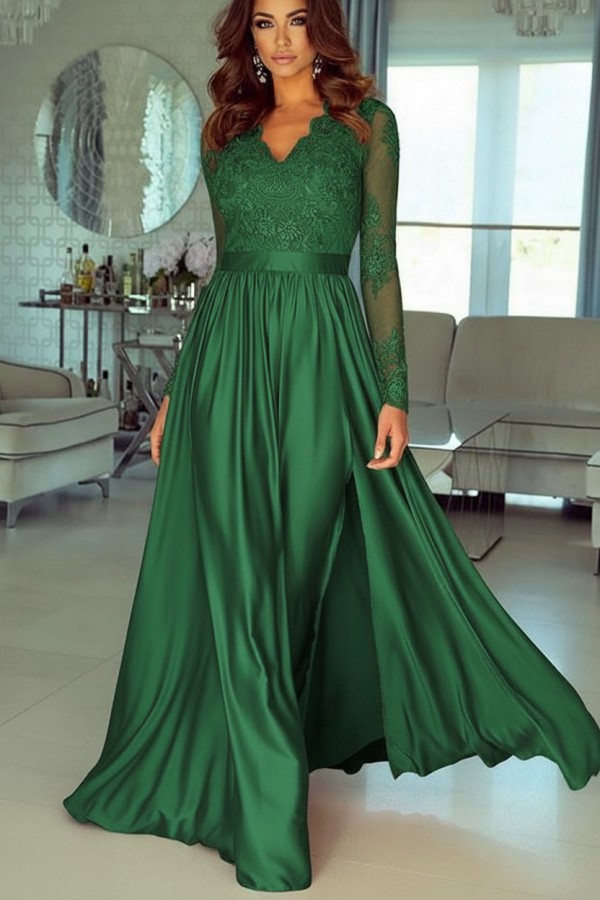 Champagne Abendkleider Lang Mit Ärmel Spitze Abendmoden Günstig