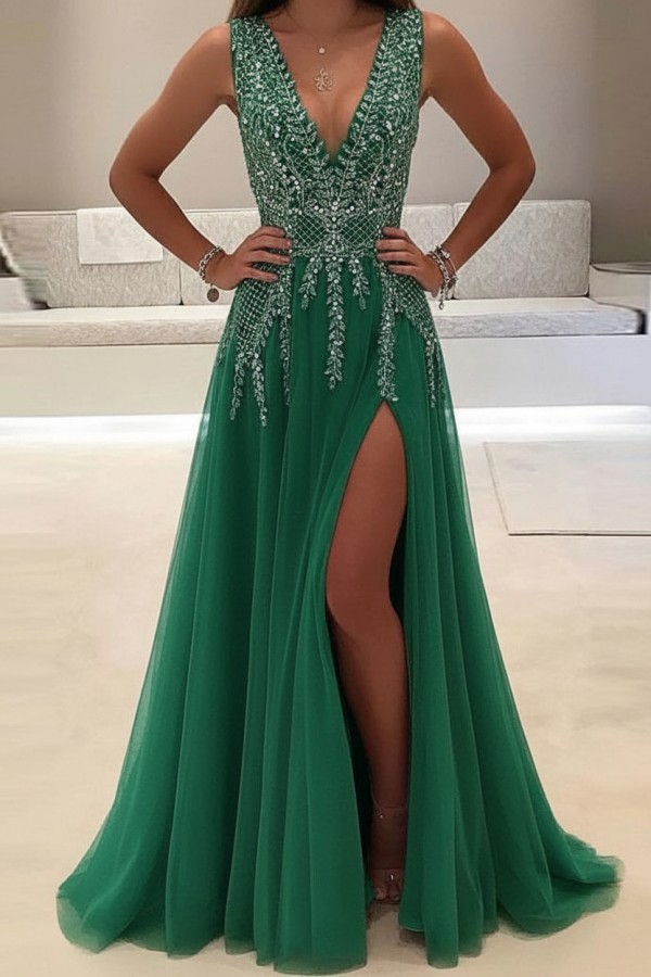 Champagne Abendkleider Lang Günstig V Ausschnitt Tüll Abendmoden Abiballkleider