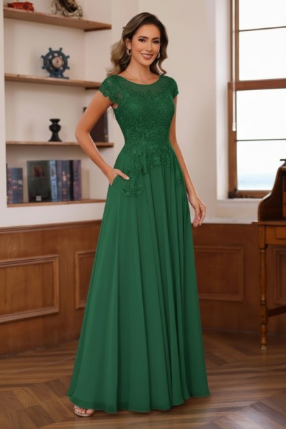 Dusty Blaue Brautmutterkleider Lang Chiffon Partykleid mit Spitze