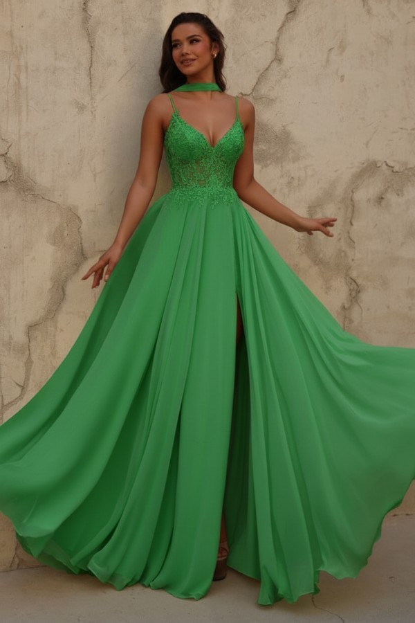 Neue Chiffon Ballkleid Lang Gelb Abendkleider mit Spitze
