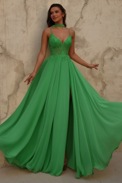 Neue Chiffon Ballkleid Lang Gelb Abendkleider mit Spitze