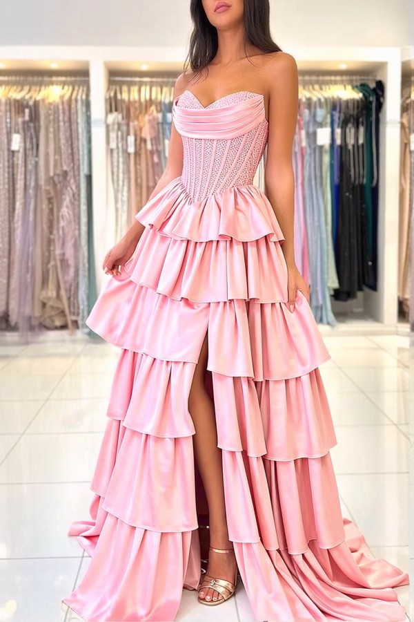 Rosa Abendkleider Lang mit Spitze Ballkleider Schlicht Günstig