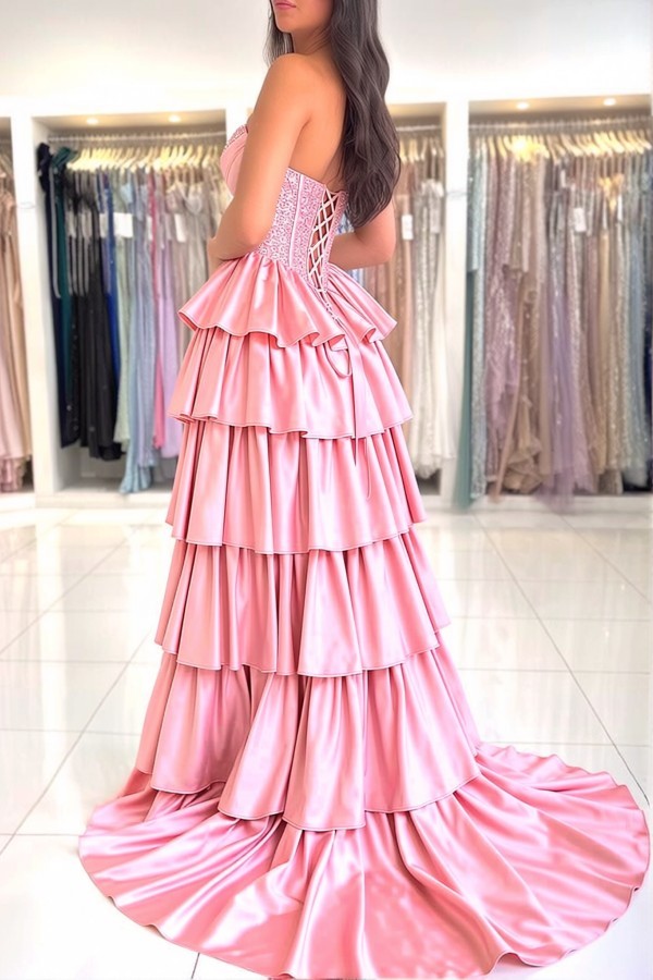 Rosa Abendkleider Lang mit Spitze Ballkleider Schlicht Günstig