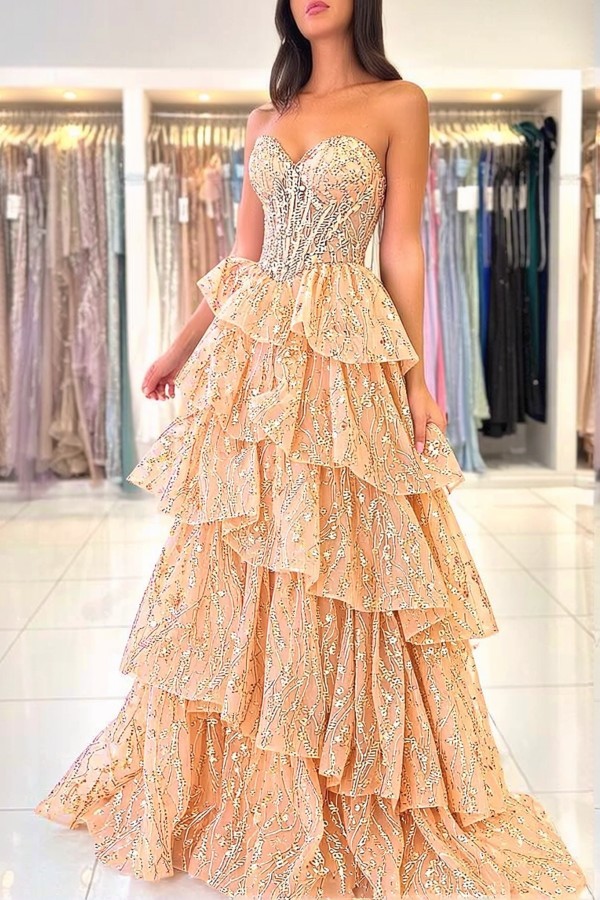 Elegante Abendkleider Lang Gold Spitze Ballkleider mit Glitzer