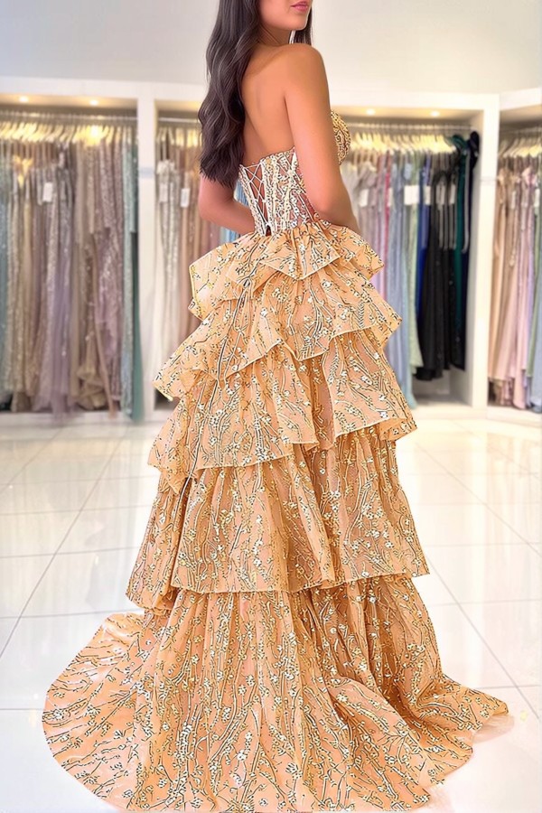 Elegante Abendkleider Lang Gold Spitze Ballkleider mit Glitzer